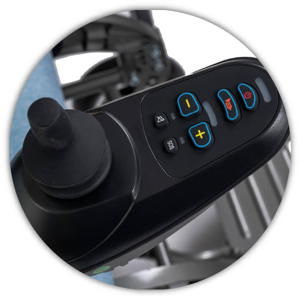 elektrischer Rollstuhl faltbar – Joystick-Steuerung mit Tastenfeld und SOS-Funktion, Bedienmodul am Armlehnen-Controller