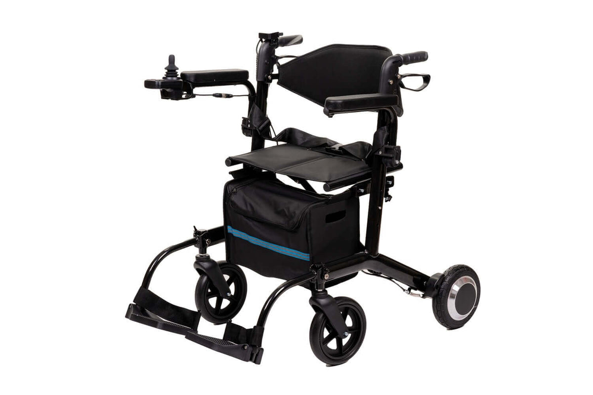 elektrischer Rollator 2 in 1 faltbar mit Sitz, 250W Motor, 6 km/h, schwarz – Rollator und Elektrorollstuhl in einem