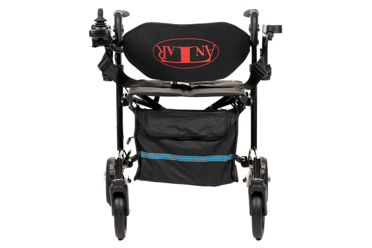 elektrischer Rollator 2 in 1 faltbar mit 250W Motor, 6 km/h, frontale Ansicht mit Sitz und Tasche