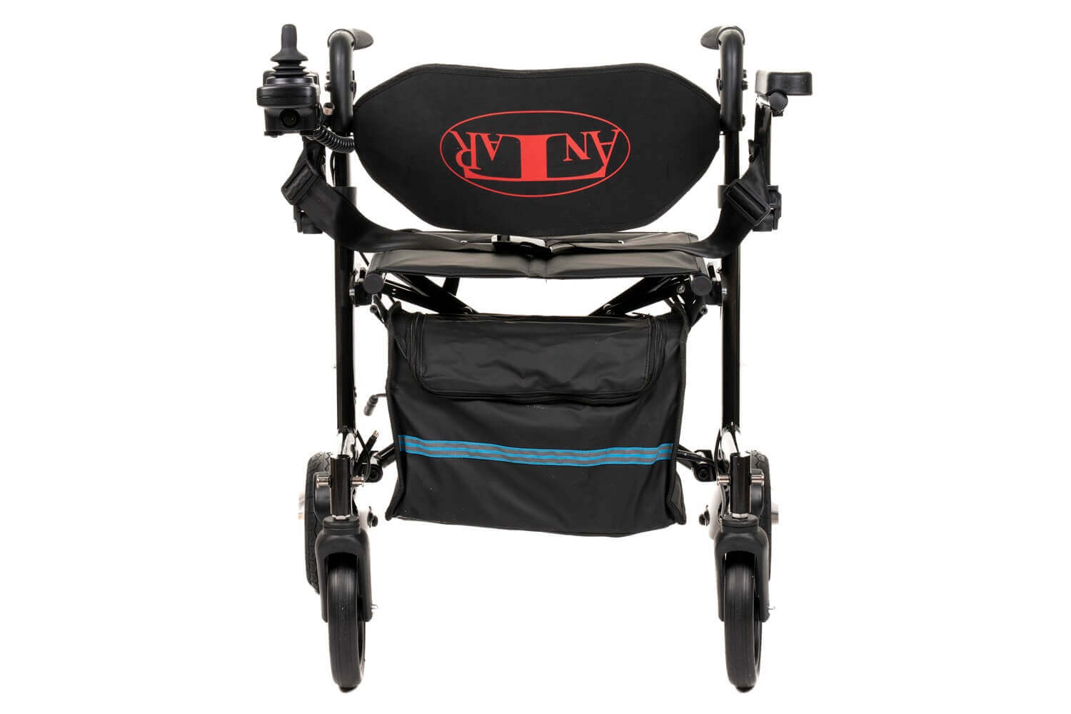 elektrischer Rollator 2 in 1 faltbar mit 250W Motor, 6 km/h, frontale Ansicht mit Sitz und Tasche