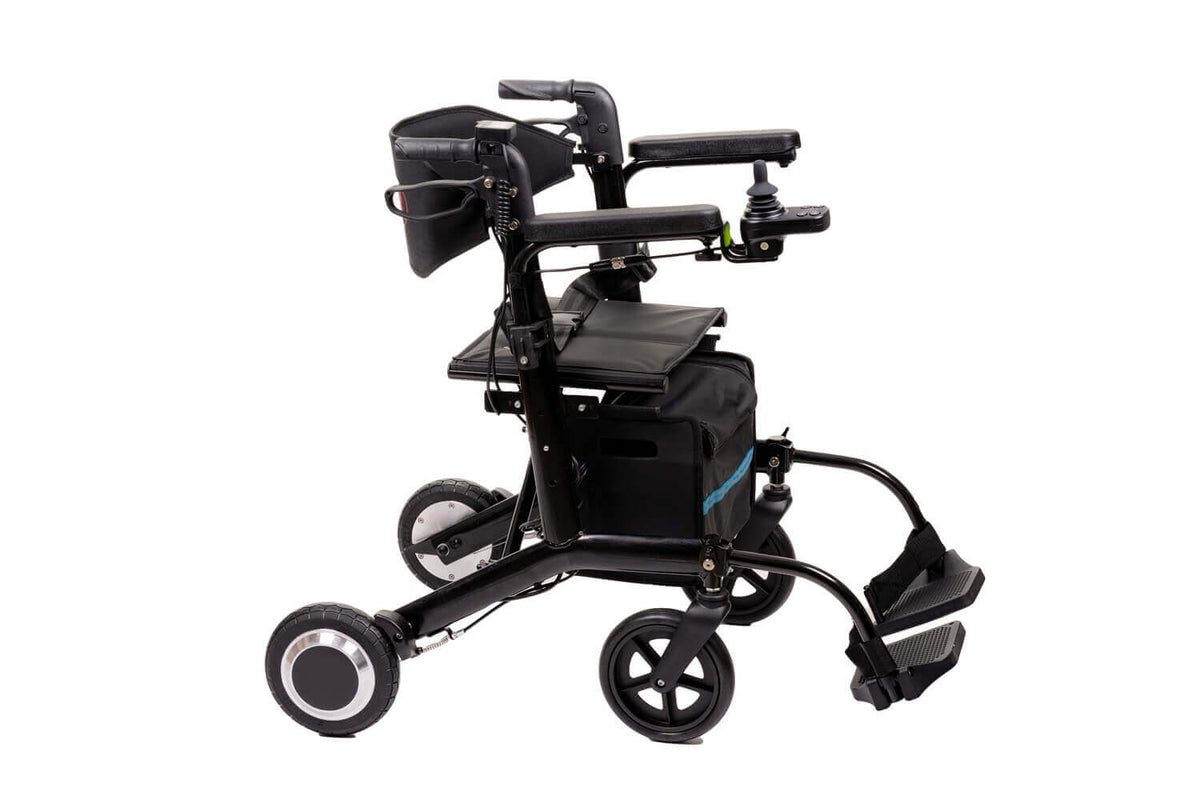 elektrischer Rollator 2 in 1, faltbar mit 250W Motor, 6 km/h, Rollator und Elektrorollstuhl mit Armlehnen und Fußstützen
