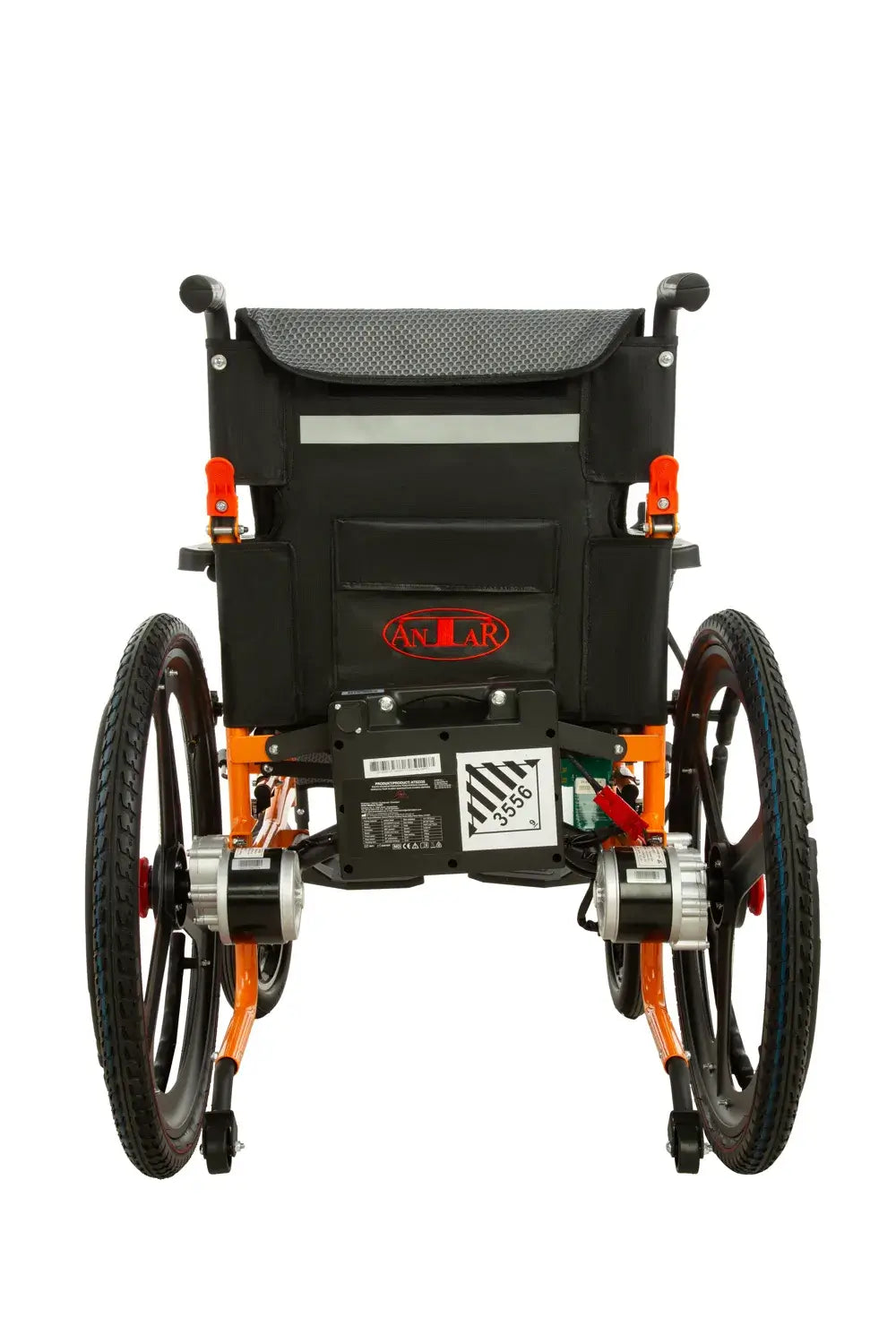 elektrischer rollstuhl faltbar mit Lithium Akku 24V, Rückansicht, stabile Hinterräder und Antriebseinheit, bis 120 kg