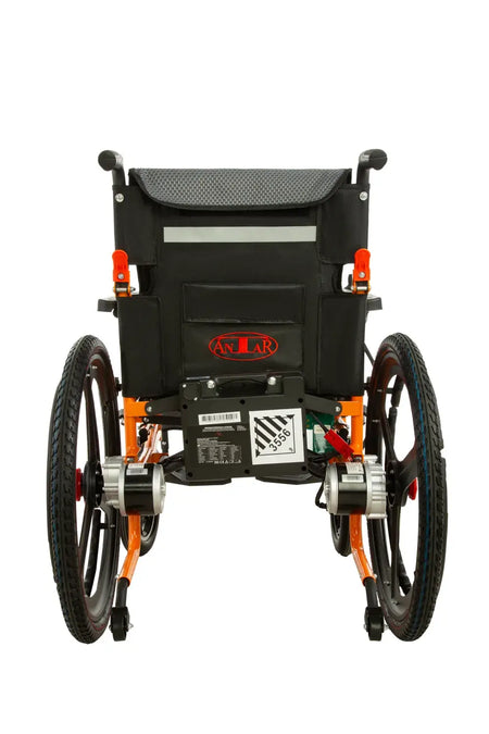 elektrischer rollstuhl faltbar mit Lithium Akku 24V, Rückansicht, stabile Hinterräder und Antriebseinheit, bis 120 kg