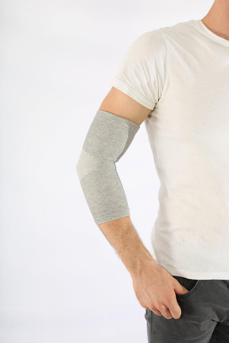 Ellenbogenbandage aus Bambusviskose, atmungsaktiv & stabilisierend – graue Bandage am Arm für komfortable Unterstützung