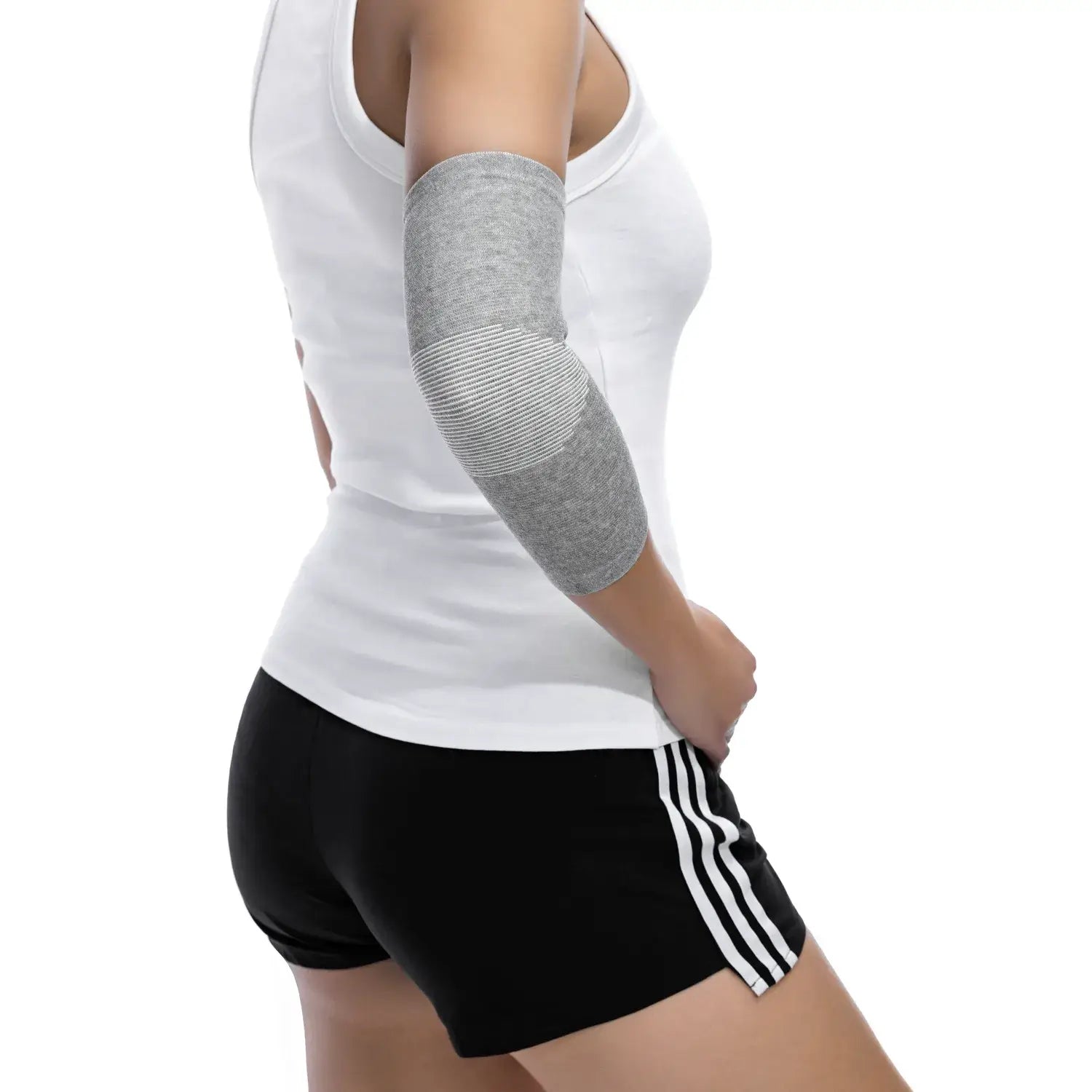 Ellenbogenbandage aus Bambusviskose am Arm getragen, atmungsaktiv und stabilisierend für Sport und Reha