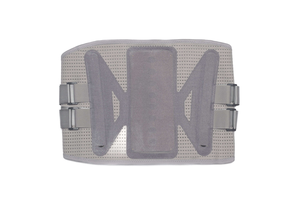 Rückenorthese LWS zur Stabilisierung der Lendenwirbelsäule mit Pelotte und verstellbaren Zugbändern, Rückenbandage grau