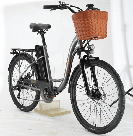 Damen E-Bike 26 Zoll NE10 City E-Bike mit Korb, Tiefeinsteiger-Rahmen, Frontlicht und Akku für Alltag und Komfort