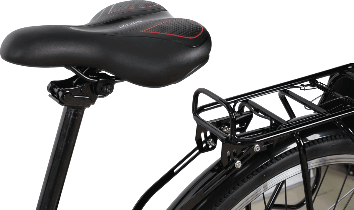 Damen E-Bike 275 Zoll City E-Bike Sattel mit Gepäckträger Detailaufnahme – bequem, leicht und alltagstauglich