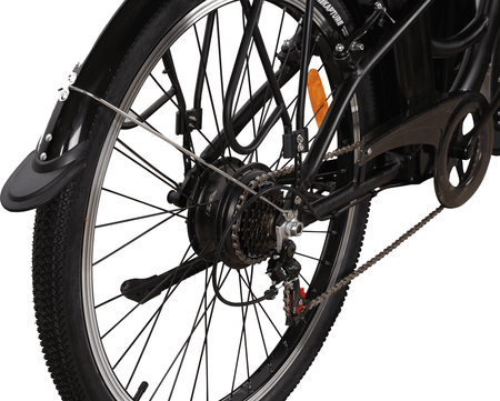 Damen E-Bike 275 Zoll Hinterrad mit Nabe, Kassette und Schaltung – robustes 27,5 Zoll City E-Bike Detail
