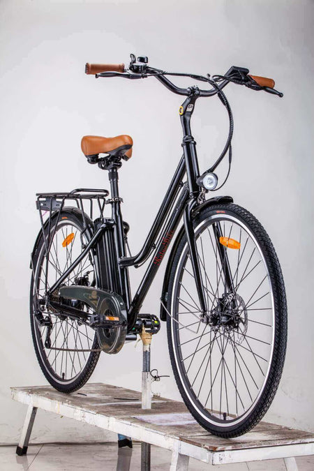 E-Bike Damen 27 Zoll Citybike mit Aluminiumrahmen, 250W Hinterradmotor, Gepäckträger und LED-Licht – schwarzes Damen E-Bike