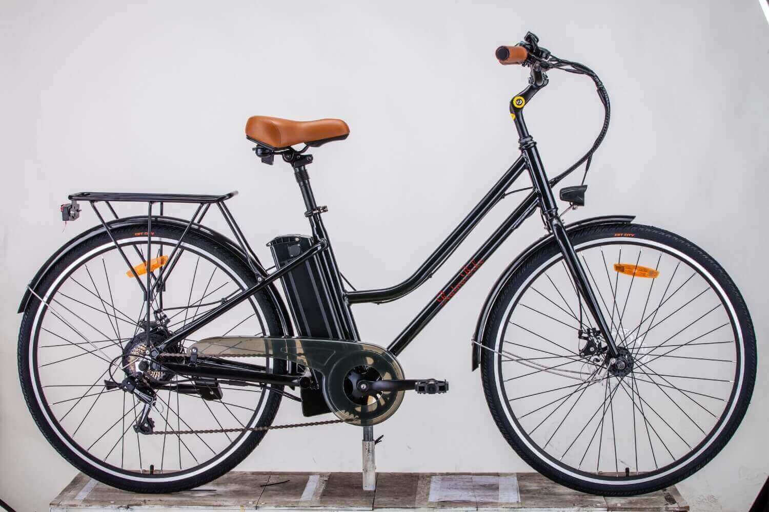 E-Bike Damen 27 Zoll Citybike MJ1 mit Aluminiumrahmen, Hinterradmotor, Akku am Rahmen, Gepäckträger und Schutzblechen