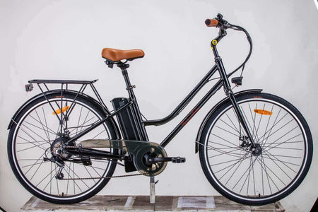 E-Bike Damen 27 Zoll Citybike MJ1 mit Aluminiumrahmen, Hinterradmotor, Akku am Rahmen, Gepäckträger und Schutzblechen