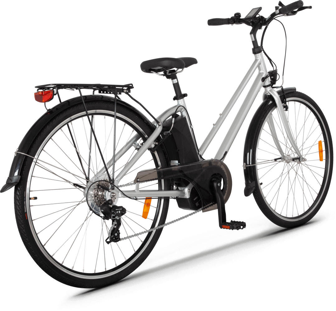 E-Bike Damen City 250W Elektro Fahrrad in Silber mit Tiefeinstieg, Gepäckträger und Schutzblechen für komfortable Stadtfahrten
