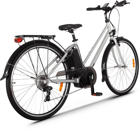 E-Bike Damen City 250W Elektro Fahrrad in Silber mit Tiefeinstieg, Gepäckträger und Schutzblechen für komfortable Stadtfahrten
