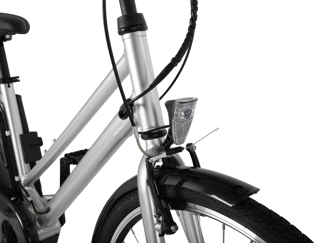 E-Bike Damen City – Detail von Vorderrad, Gabel, Frontlicht und Schutzblech eines City E-Bikes für Damen