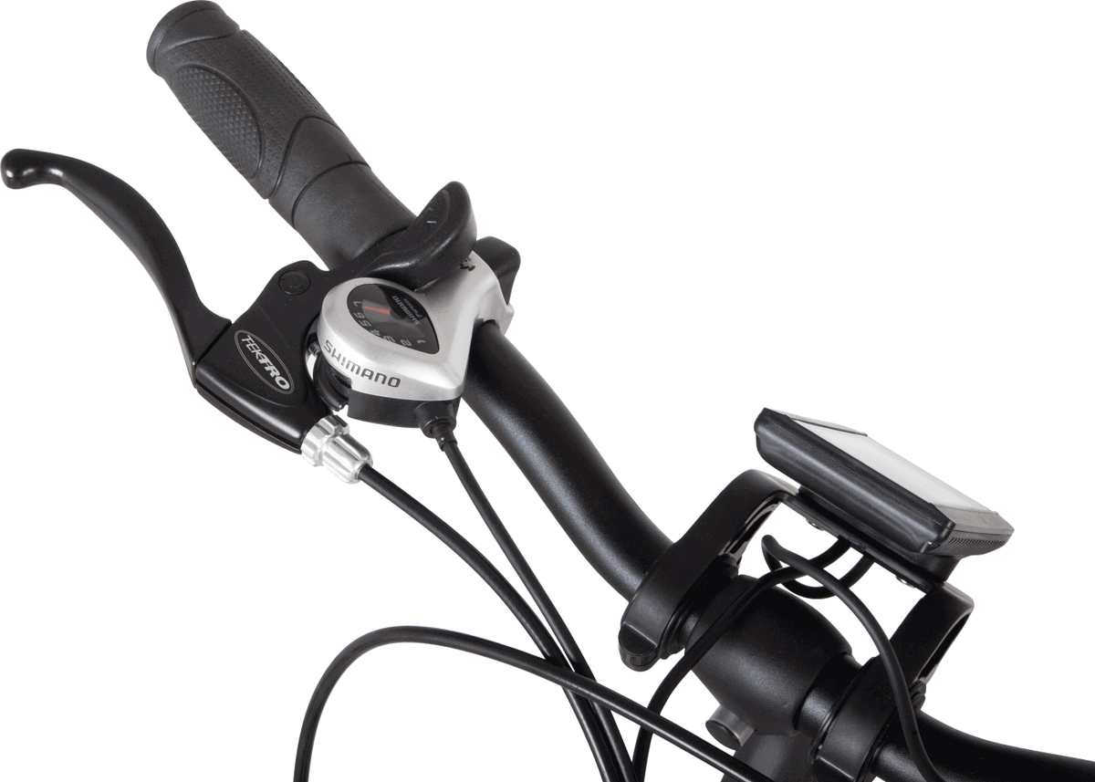 E-Bike Damen City Lenkerdetail mit Shimano-Schalthebel, Bremshebel und Frontlicht – komfortables City E-Bike für Damen