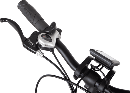 E-Bike Damen City Lenkerdetail mit Shimano-Schalthebel, Bremshebel und Frontlicht – komfortables City E-Bike für Damen