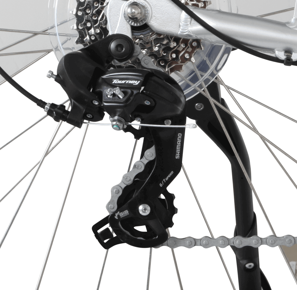 E-Bike Damen City – Shimano Tourney Schaltwerk am Hinterrad, Detailansicht von Kette, Ritzel und Schaltmechanik