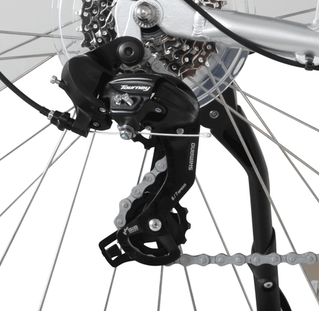 E-Bike Damen City – Shimano Tourney Schaltwerk am Hinterrad, Detailansicht von Kette, Ritzel und Schaltmechanik
