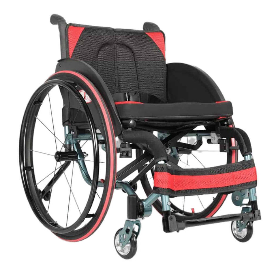 Aktivrollstuhl leicht faltbar mit 24 Zoll Sporträdern aus Aluminium, mobiler Sport-Rollstuhl in Schwarz-Rot