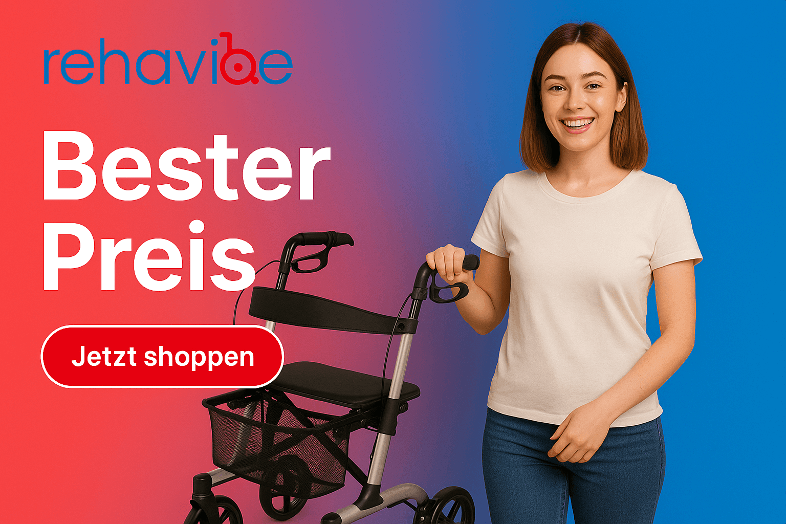 Rehavibe Werbebanner: Frau mit Rollator und Text „Bester Preis“ sowie Button „Jetzt shoppen“ auf rotem und blauem Hintergrund