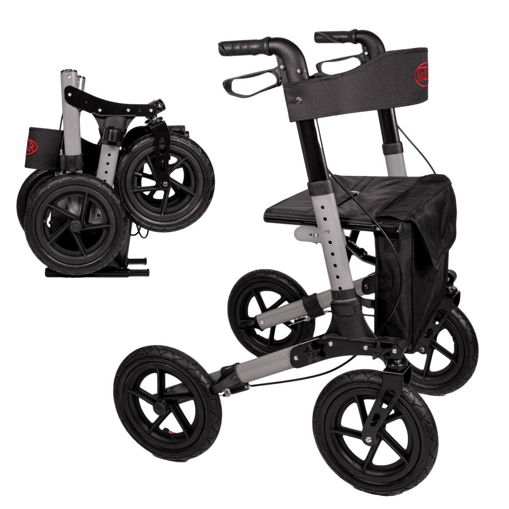 Outdoor Rollator mit Luftreifen, faltbarer Aluminium-Rollator fürs Gelände, mit Sitz und Tasche, bis 136 kg belastbar