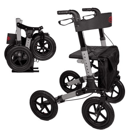 Outdoor Rollator mit Luftreifen, faltbarer Aluminium-Rollator fürs Gelände, mit Sitz und Tasche, bis 136 kg belastbar