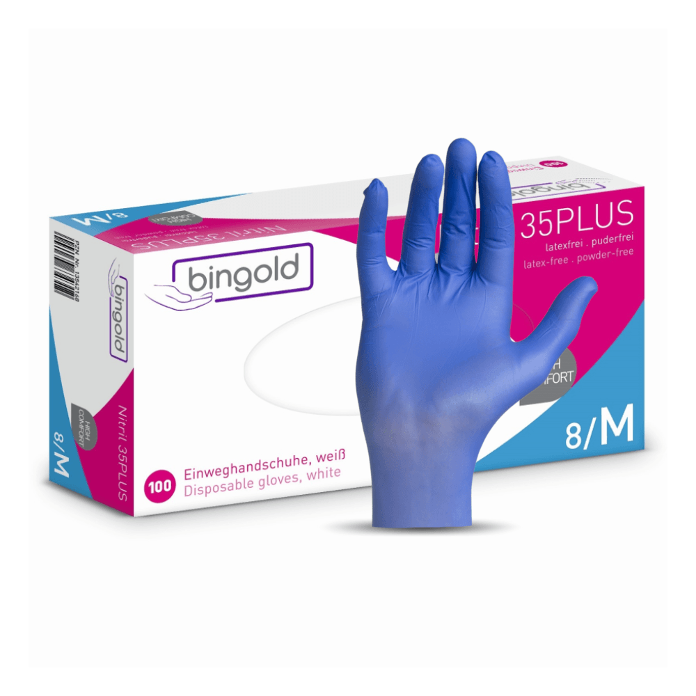 Nitril Handschuhe Bingold Nitril 35PLUS, blau, puderfrei & latexfrei, Einweghandschuhe mit mikrotexturierten Fingerspitzen