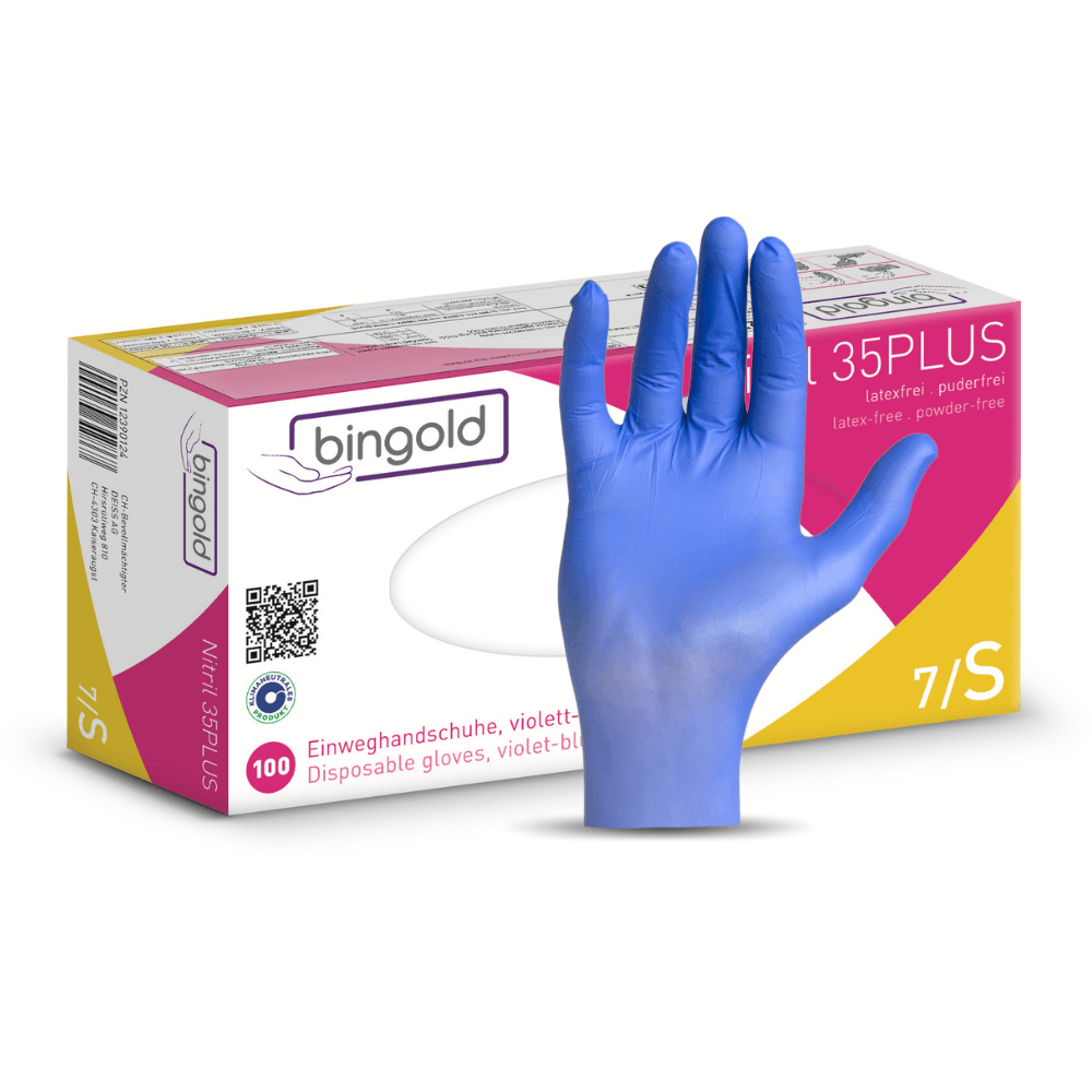 Nitril Handschuhe Bingold Nitril 35PLUS, blau, puderfrei, Einmalhandschuhe mit mikrotexturierten Fingerspitzen, Größe S