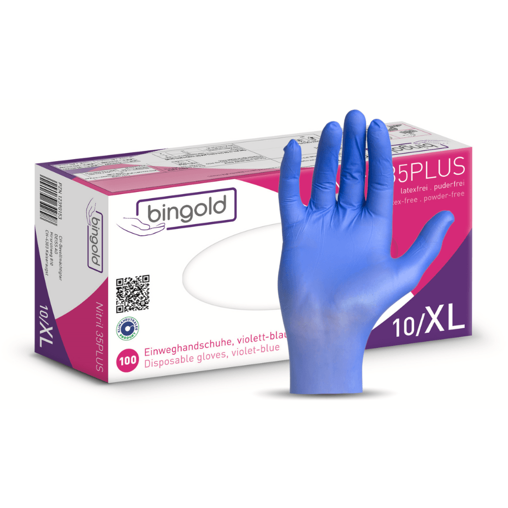 Nitril Handschuhe Bingold Nitril 35PLUS, violett-blau, puderfrei, latexfrei, Einmalhandschuhe 10/XL Box mit Handschuh