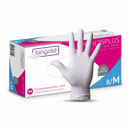 Nitril Handschuhe Bingold Nitril 35PLUS Einmalhandschuhe weiß, puderfrei, mikrotexturierte Fingerspitzen, Größe M 8