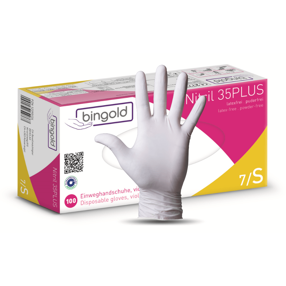 Nitril Handschuhe Bingold Nitril 35PLUS blau, puderfrei, mikrotexturierte Fingerspitzen, Einmalhandschuhe Größe S, Box 100 Stück