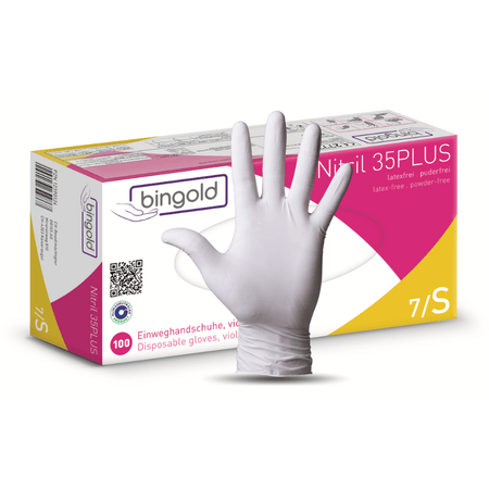 Nitril Handschuhe Bingold Nitril 35PLUS blau, puderfrei, mikrotexturierte Fingerspitzen, Einmalhandschuhe Größe S, Box 100 Stück