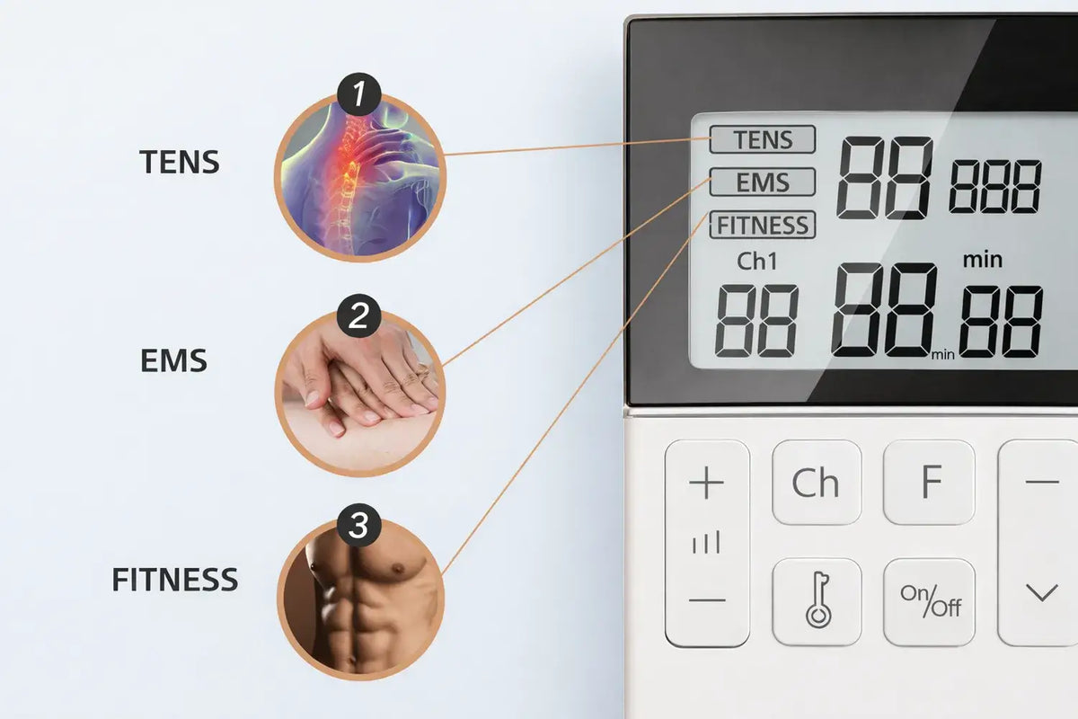 TENS EMS Gerät mit 50 Programmen, Dual-Kanal, Display und Modi TENS/EMS/Fitness für Schmerztherapie und Muskelstimulation
