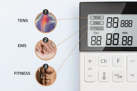 TENS EMS Gerät mit 50 Programmen, Dual-Kanal, Display und Modi TENS/EMS/Fitness für Schmerztherapie und Muskelstimulation