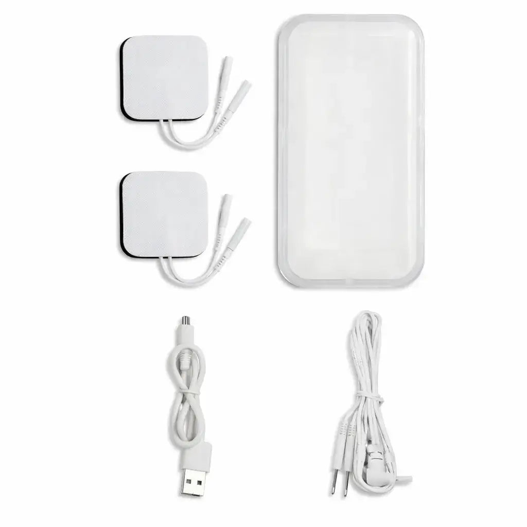 TENS EMS Gerät Zubehörset mit Elektrodenpads, Anschlusskabeln, USB-Ladekabel und Aufbewahrungsbox – Dual-Kanal kompatibel