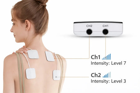 TENS EMS Gerät mit Dual-Kanal – Elektrodenpads am Rücken, CH1 Intensität Level 7 und CH2 Level 3 zur Schmerztherapie