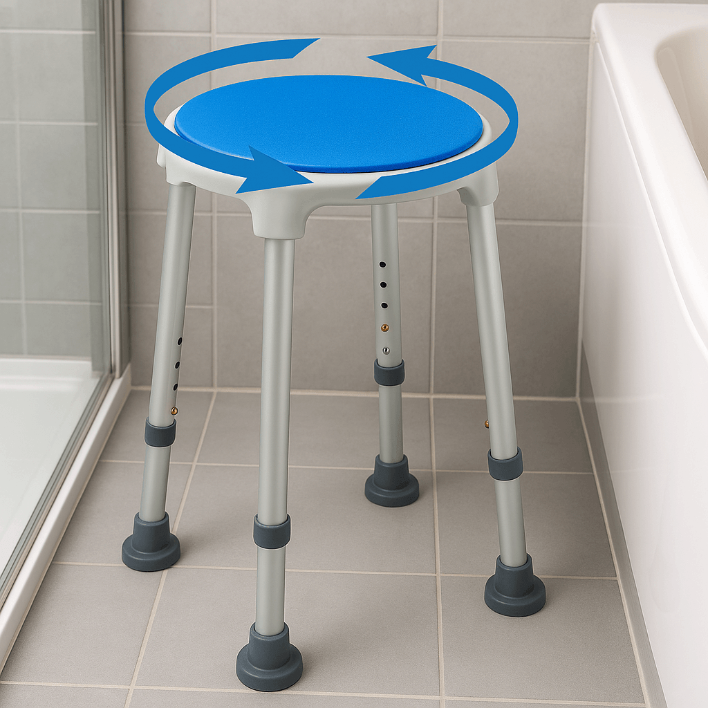 drehbarer Duschhocker BLUE SEAT höhenverstellbar mit rutschfesten Füßen, sicherer Duschstuhl im Badezimmer
