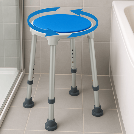 drehbarer Duschhocker BLUE SEAT höhenverstellbar mit rutschfesten Füßen, sicherer Duschstuhl im Badezimmer