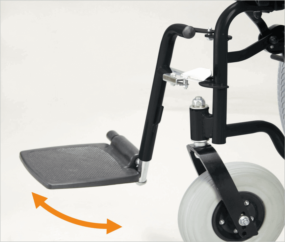 Stahlrollstuhl faltbar ECON 220 Detail: klappbare Fußstütze und Vorderrad, robustes Stahlgestell, bis 120 kg