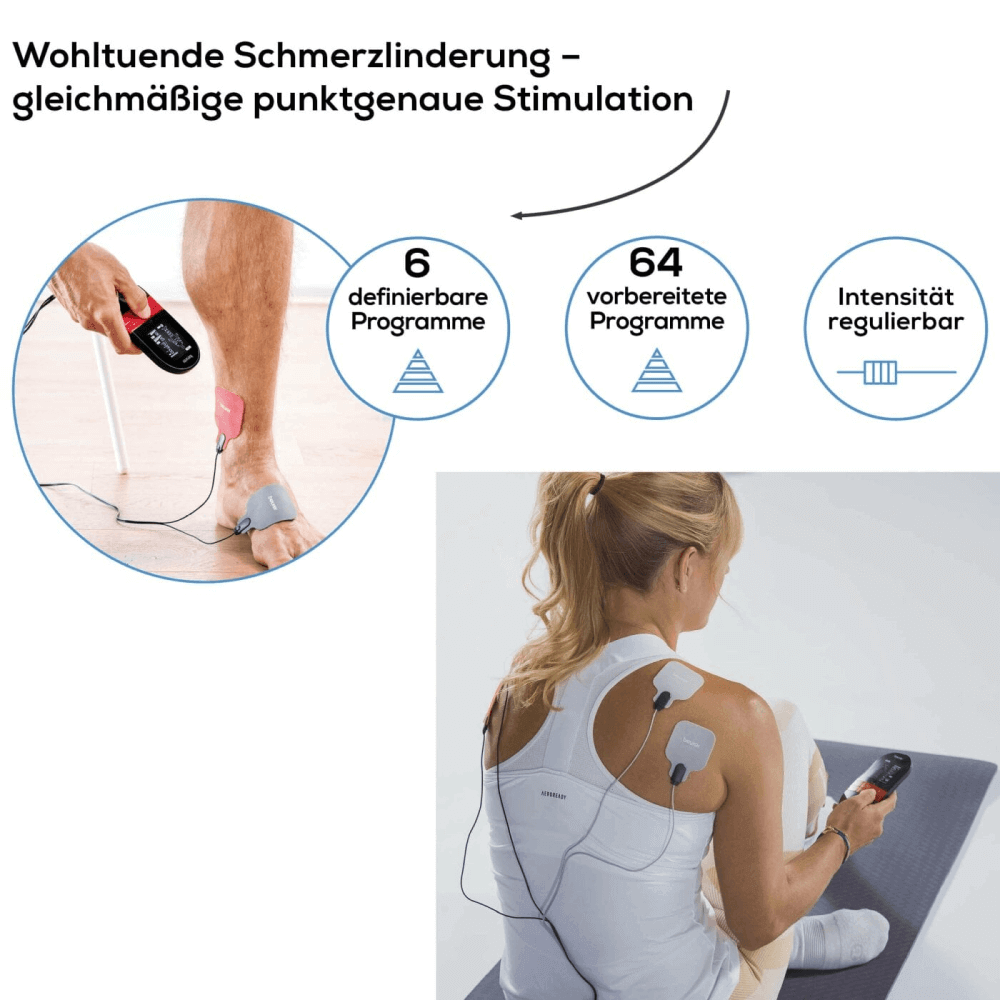 TENS EMS Gerät – Beurer EM 59 + GRATIS Gelpads Anwendung am Bein und Rücken – 64 Programme, Intensität regulierbar, Schmerzlinderung