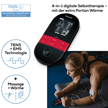 TENS EMS Gerät – Beurer EM 59 + GRATIS Gelpads mit Wärmefunktion, 4-in-1 Selbsttherapie, TENS+EMS, Massage, Frau beim Training