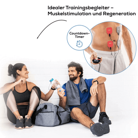 TENS EMS Gerät – Beurer EM 59 + GRATIS Gelpads: Sportler nutzen EMS-Muskelstimulation mit Countdown-Timer zur Regeneration