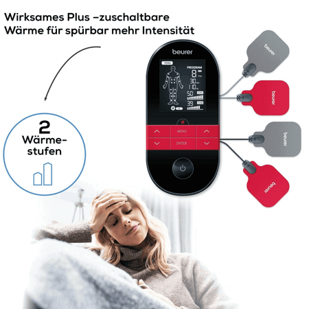 TENS EMS Gerät – Beurer EM 59 + GRATIS Gelpads mit Wärmefunktion, 2 Wärmestufen, Display und angeschlossenen Gelpads