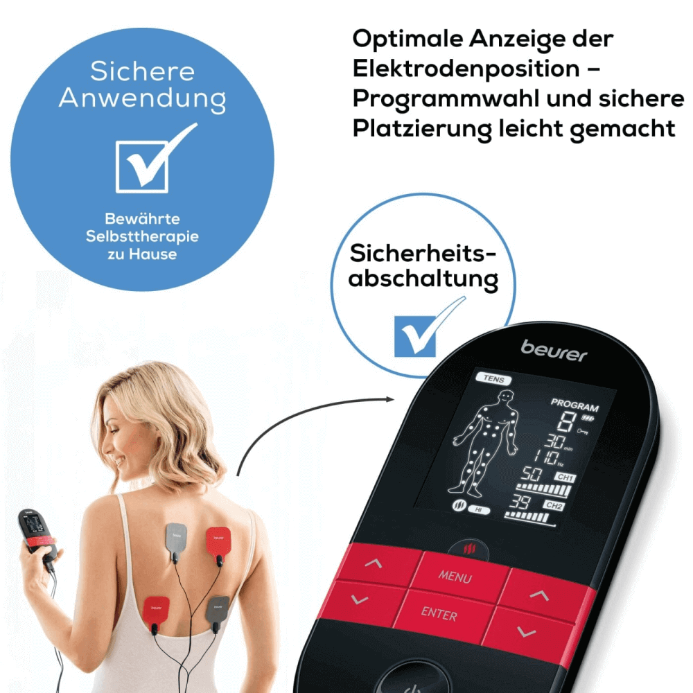 TENS EMS Gerät – Beurer EM 59 + GRATIS Gelpads mit sicherer Anwendung, Elektrodenposition-Anzeige, Sicherheitsabschaltung und Display