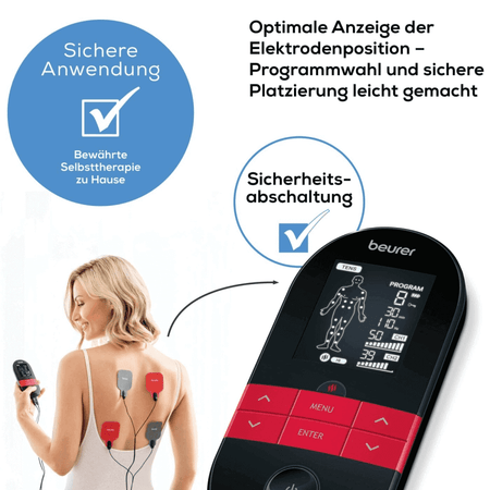 TENS EMS Gerät – Beurer EM 59 + GRATIS Gelpads mit sicherer Anwendung, Elektrodenposition-Anzeige, Sicherheitsabschaltung und Display