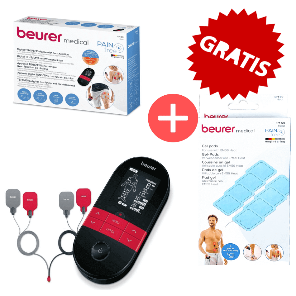 TENS EMS Gerät – Beurer EM 59 + GRATIS Gelpads Set mit Elektroden, Gelpads und Wärmefunktion zur Schmerzlinderung