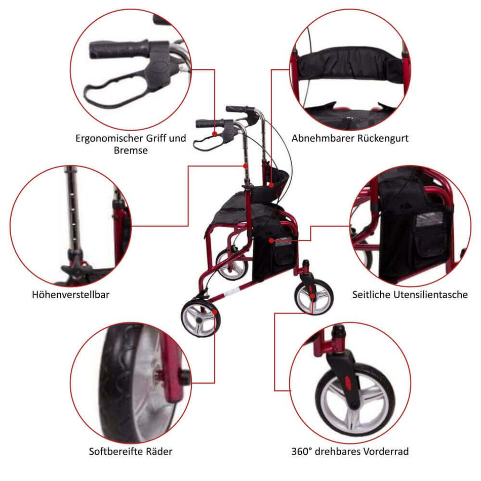 Ersatzteil AT51004 für 3-Rad-Rollator – ergonomischer Griff mit Bremse, höhenverstellbar, Softreifen, 360° Vorderrad