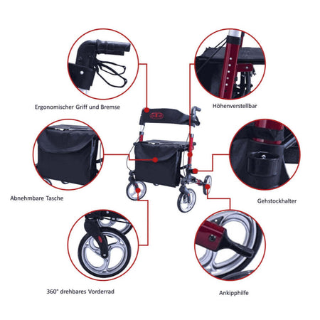 Ersatzteil AT51006 Reise Rollator mit Gehstockhalter, höhenverstellbar, ergonomischer Griff und Bremse, abnehmbare Tasche