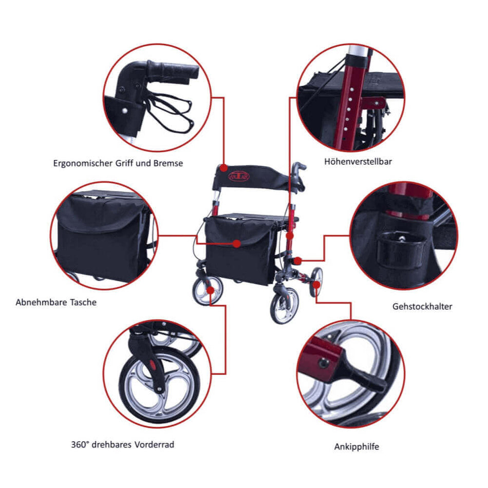 Ersatzteil AT51006 Reise Rollator mit Gehstockhalter, höhenverstellbar, ergonomischer Griff und Bremse, abnehmbare Tasche